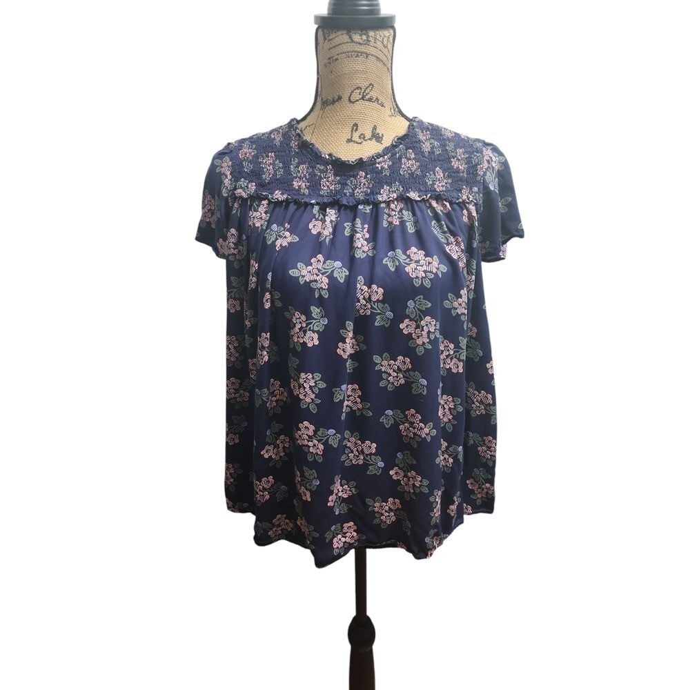 Anthropologie Floral Smocked Top Short Sleeve Blouse Casual Navy‎ Size S